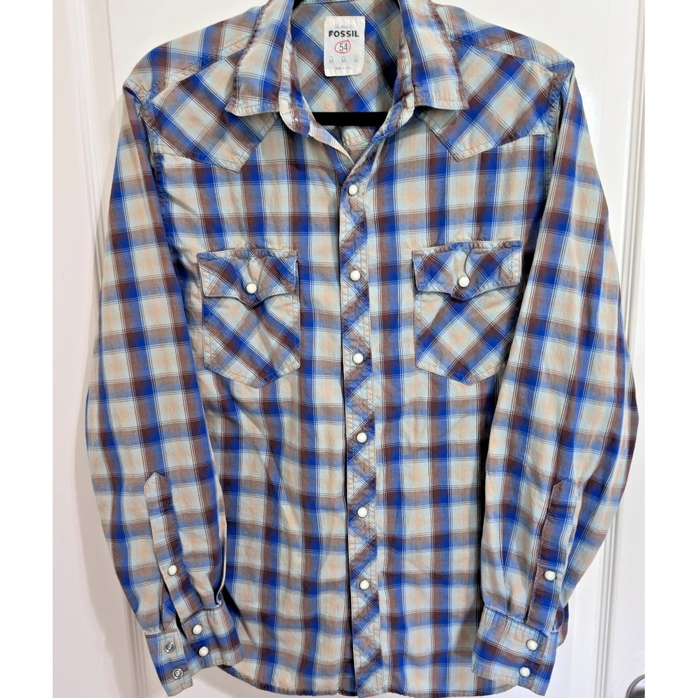 Vintage Fossil 54 Shirt Mens Medium Blue Plaid Pearl Snap Western Cowboy Y2K